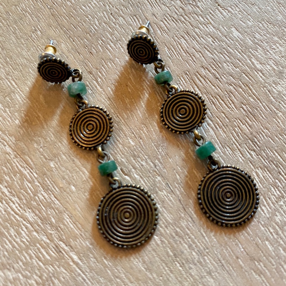 Gold and green drop earrings